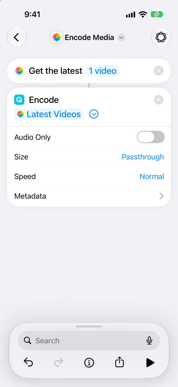 Encode Media added under Get Latest Videos, taking Latest Videos, with Audio Only off, Size on Passthrough and Speed on Normal.