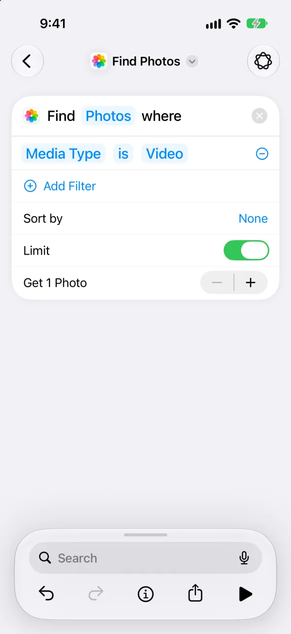 a Find Photos step filtered to Media Type is Video, with Limit on and Get 1 Photo.