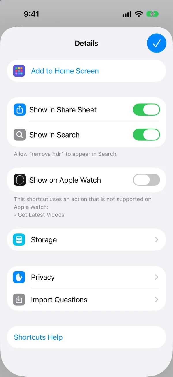 the shortcut's Details sheet with Show in Share Sheet turned on.